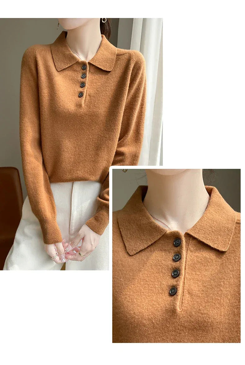 Polo Neck Pullover 100% Merino Wool Women's Solid Color Knit Top Fashion Korean Sweater Autumn and Winter Women's Clothes