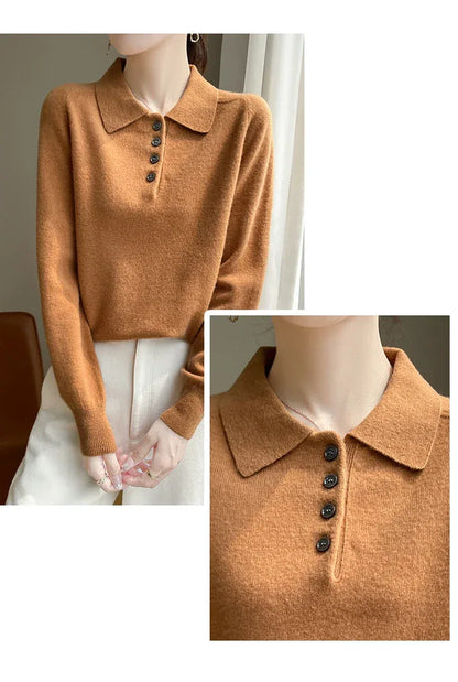 Polo Neck Pullover 100% Merino Wool Women's Solid Color Knit Top Fashion Korean Sweater Autumn and Winter Women's Clothes