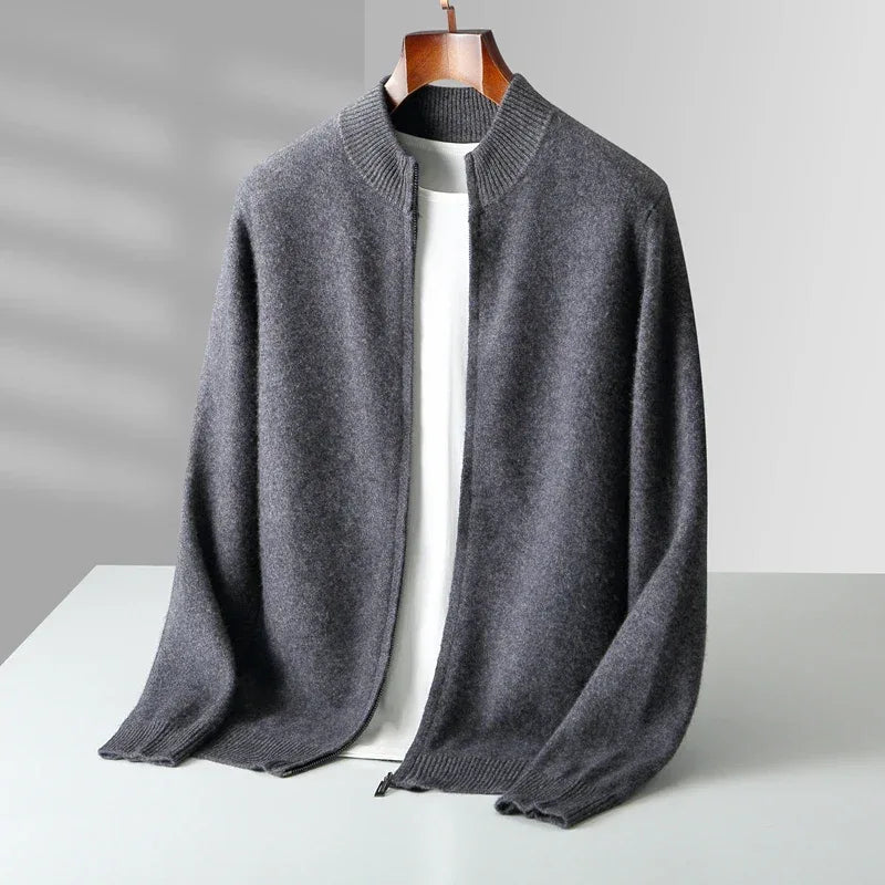 100% Merino Wool Men's Warm Sweater Mock Collar Thickened Zippered Cardigan Autumn Winter New Cashmere Knitted Long Sleeve Tops