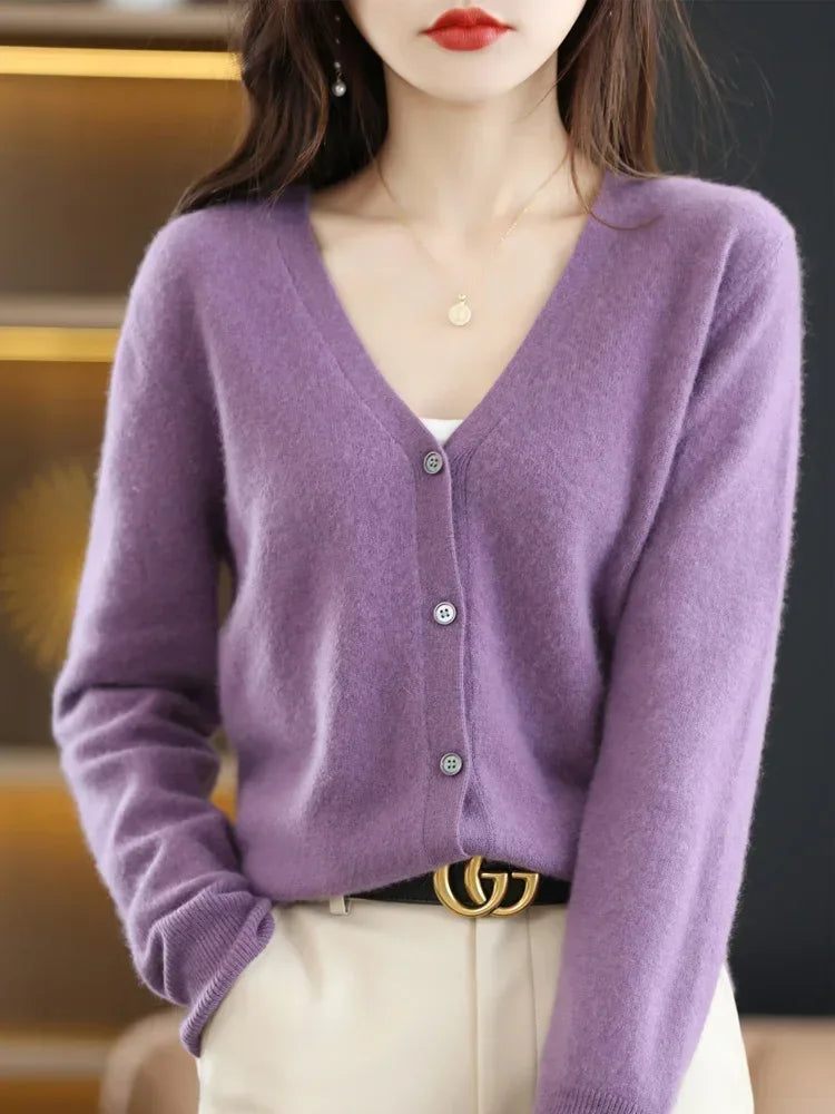 Women Cardigans V-neck Long Sleeve Knitted Outerwear Solid Thin Spring Autumn Sweaters Knitwears Korean Fashion Red Cardigans