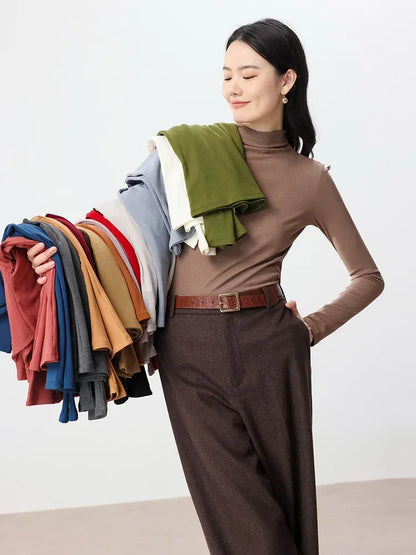 SuyaDream, Women Bottoming T Shirt, Silk Viscose Blend, Long Sleeves, Solid Basic Thermal  Shirt, 2024 Autumn Winter Top