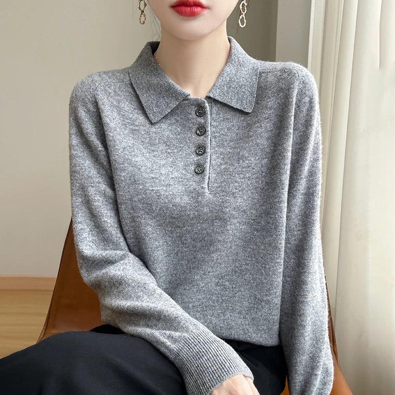 Polo Neck Pullover 100% Merino Wool Women's Solid Color Knit Top Fashion Korean Sweater Autumn and Winter Women's Clothes