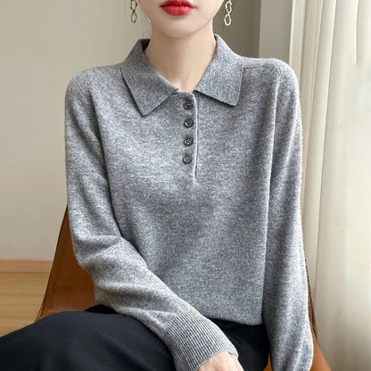 Polo Neck Pullover 100% Merino Wool Women's Solid Color Knit Top Fashion Korean Sweater Autumn and Winter Women's Clothes