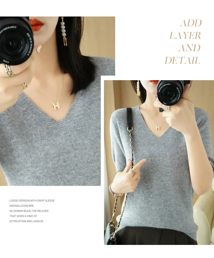 Spring/Summer 2025 Ladies Sweater Pullover Solid Color V-neck Half-sleeved Knitted Cashmere Sweater Thin Casual Top