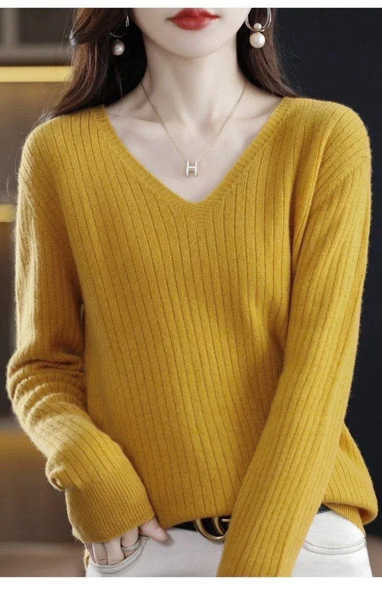 Chic Casual Autumn Winter Basic Sweater Pullovers Women V-neck Solid Knit Loose Pullover Female Long Sleeve Warm Khaki Sweater