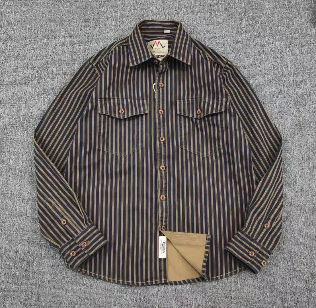 Retro Waed Distred Blue Vertical Stripe Trendy Denim irt Men's Loose American Long Sve Workwear irt Coat