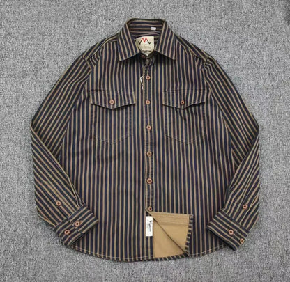 Retro Waed Distred Blue Vertical Stripe Trendy Denim irt Men's Loose American Long Sve Workwear irt Coat