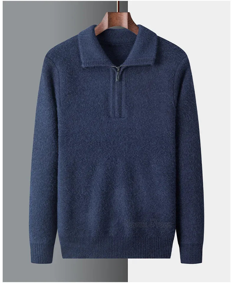 New Men Cashmere Sweater for Warm Comfort Knitted Long Sleeved O-neck Zipper Pullover Alpaca Sweater Male Brand