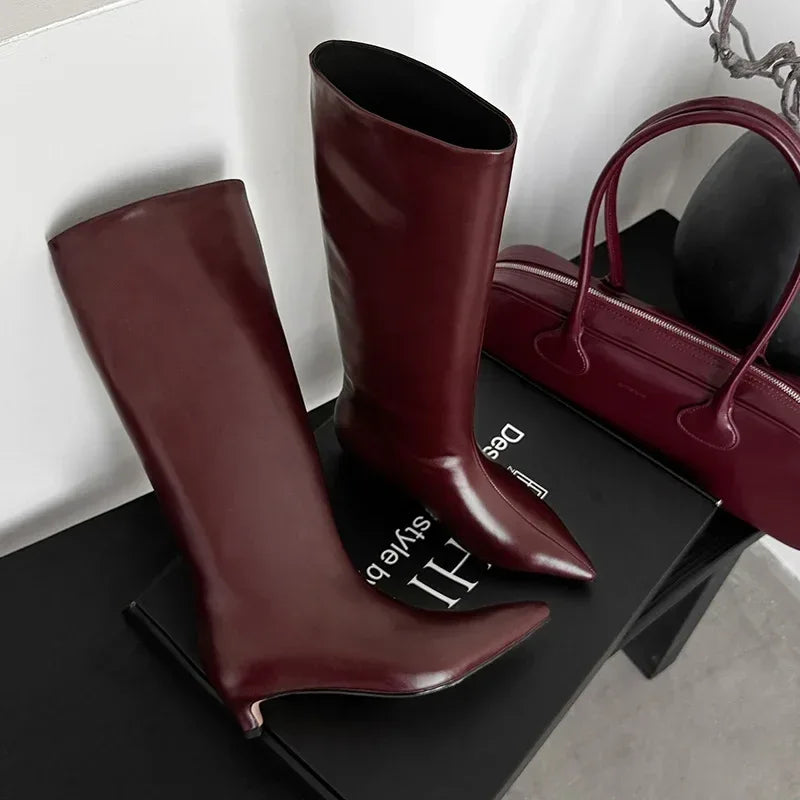 QUTAA News Fashion Winter Women Knee High Boots Pointed Toe Woman Shoes Low Kitten Heels Cow Leather Long Boots Dress Size 34-43