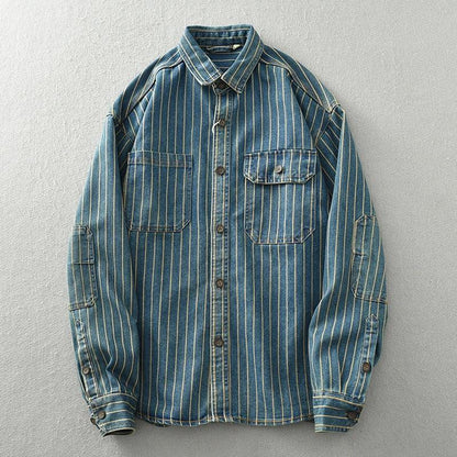 Retro Japanese Sle Men's Denim irt Cotton Long Sve Waed Striped Workwear Loose Fit Outerwear Faion Urban Youth