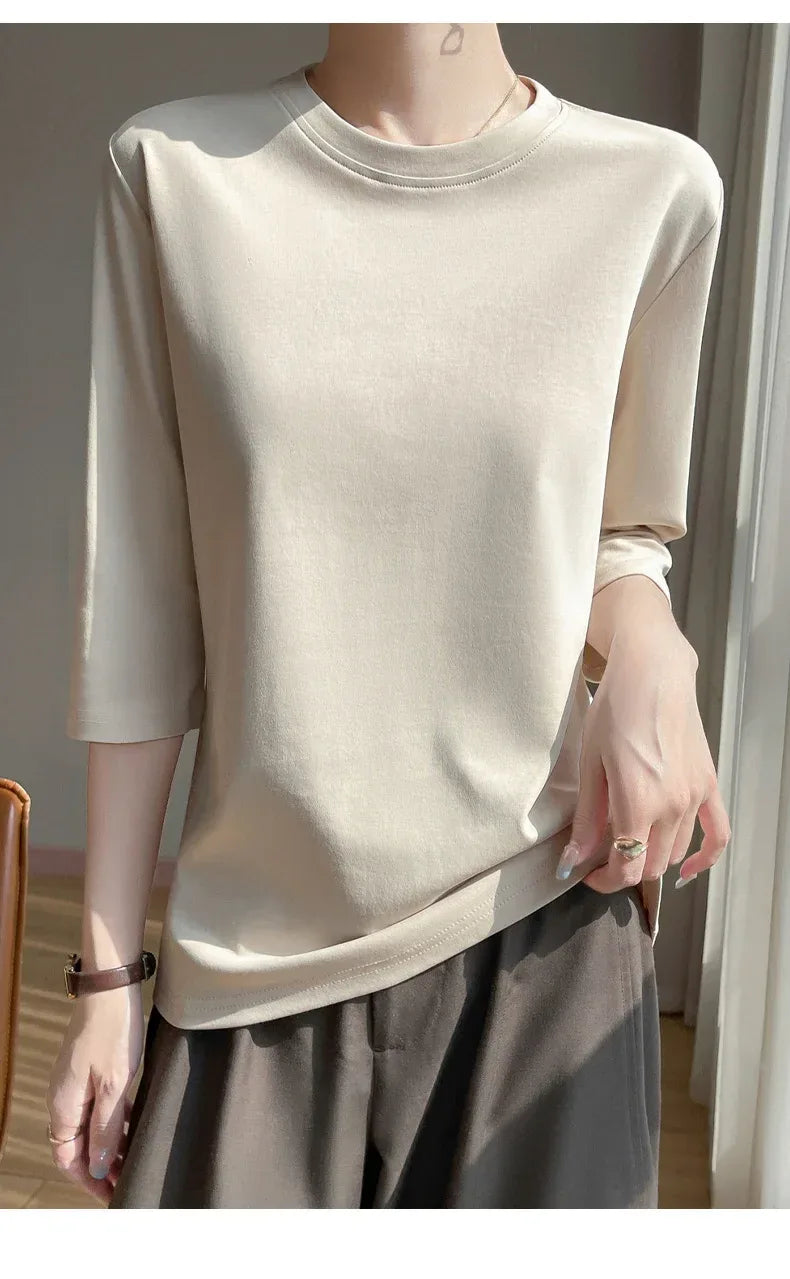 Mercerized Cotton Cropped Sleeve Female Spring And Summer 2023 New Round Neck Loose 100% Cotton Short Sleeve Bottoming T-Shirt