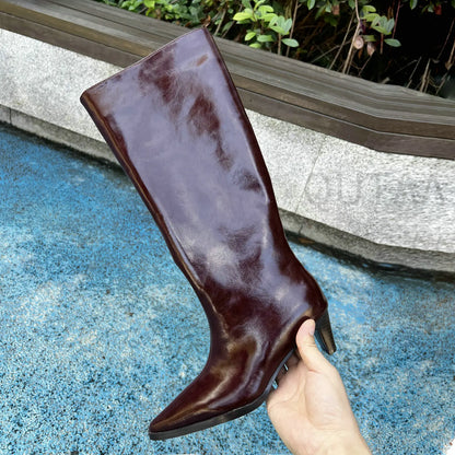 QUTAA Fashion Winter Women Knee High Boots Cow Suede Autumn Shoes Pointed Toe Buckles Chunky High Heels Motorcycle Boots 34-43