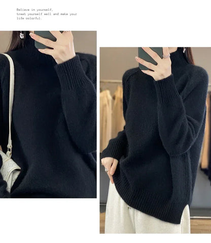 Women's High-Necked Cashmere Sweater 100% Soft Wool Thickened Lazy Raglan Sweater with Slit for Autumn Winter Comfortable Waxy W