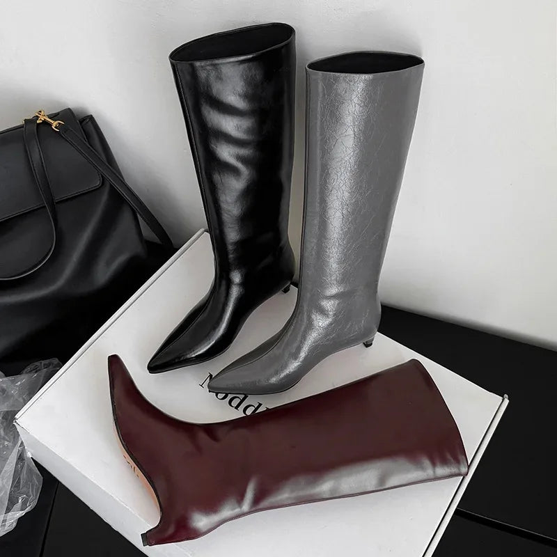 QUTAA News Fashion Winter Women Knee High Boots Pointed Toe Woman Shoes Low Kitten Heels Cow Leather Long Boots Dress Size 34-43