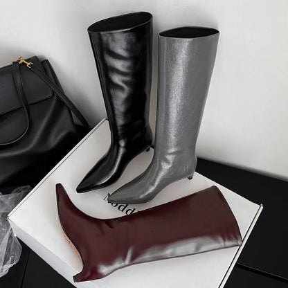 QUTAA News Fashion Winter Women Knee High Boots Pointed Toe Woman Shoes Low Kitten Heels Cow Leather Long Boots Dress Size 34-43