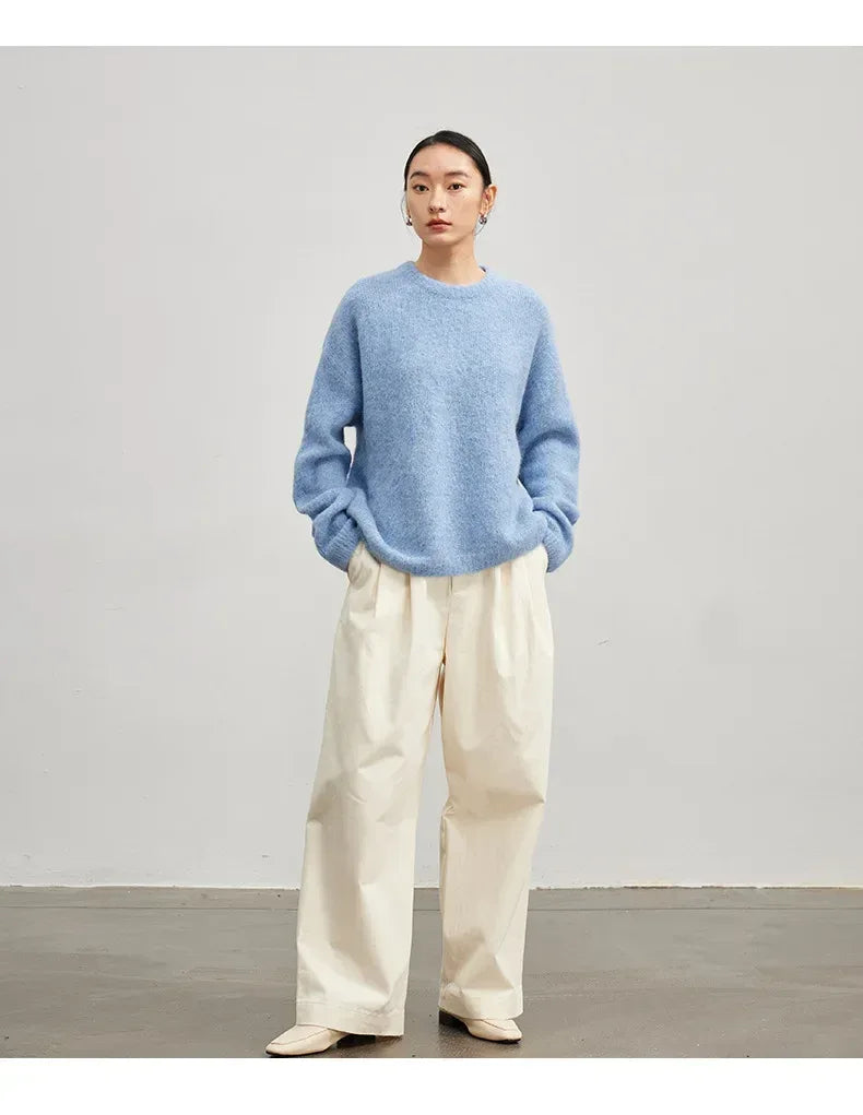 SuyaDream Warm Alpaca Pullovers for Woman, Dropped Sleeved Loose Sweaters, 2025 Fall Winter Top, Camel, Beige