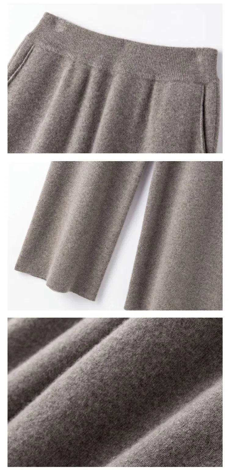 Elegant Pure High Waist Drooping Wide-Leg Pants Women's Outer Wear with Pockets Baggy Straight Trousers Knitted Mop Trousers