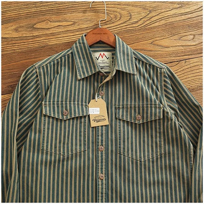 Retro Waed Distred Blue Vertical Stripe Trendy Denim irt Men's Loose American Long Sve Workwear irt Coat