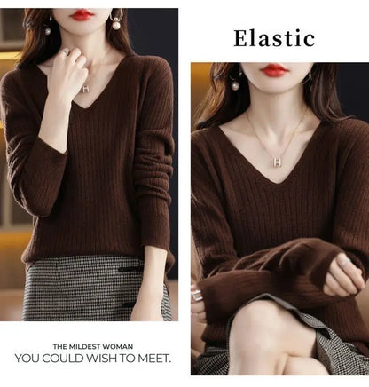 Chic Casual Autumn Winter Basic Sweater Pullovers Women V-neck Solid Knit Loose Pullover Female Long Sleeve Warm Khaki Sweater