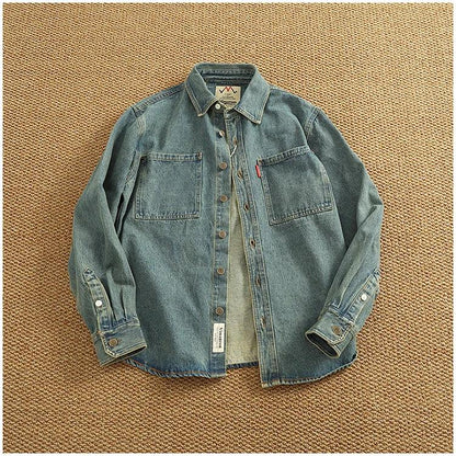 American Casual Men's Long Sve Denim irt Pure Cotton Heavyweight Waed Vintage Workwear Layering irt Jaet