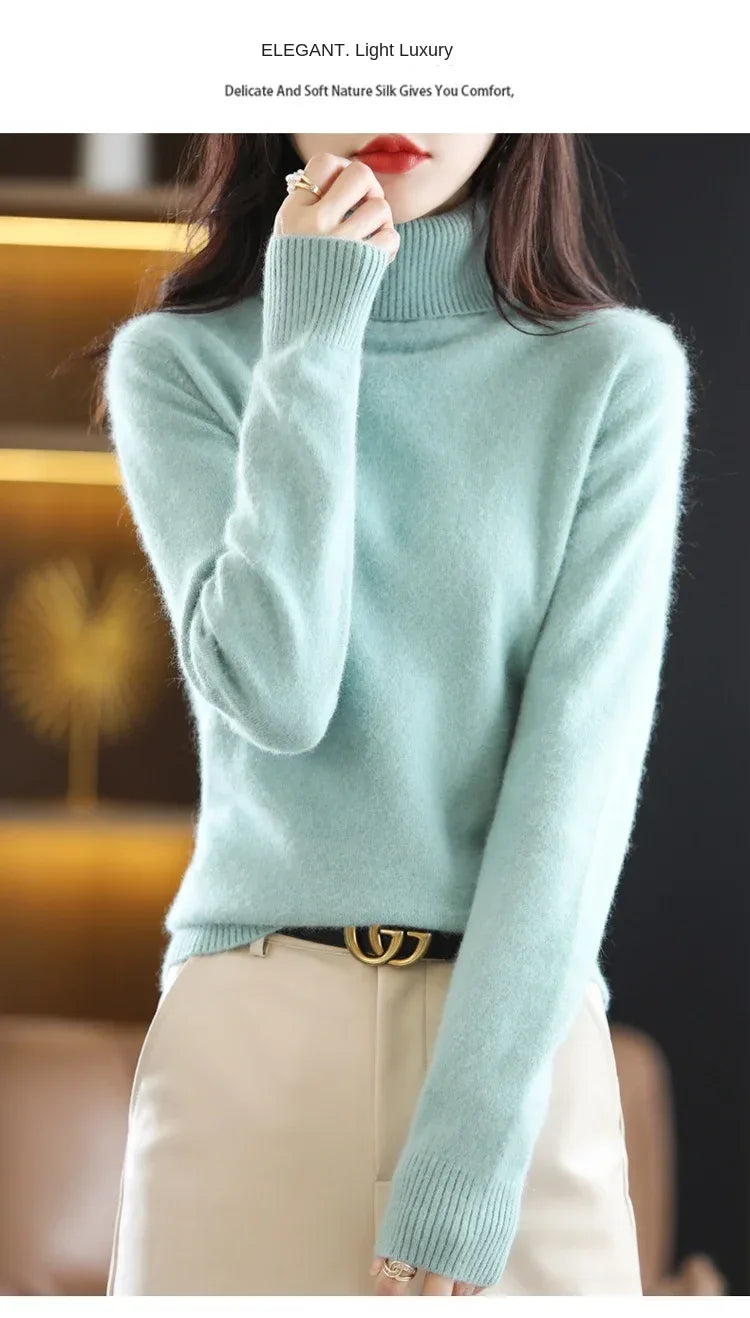 New Women's Clothing For Autumn/Winter 2024 100% Mink Plush Turtleneck Pullover Sweater Ladies Cashmere Sweater Dbr-018