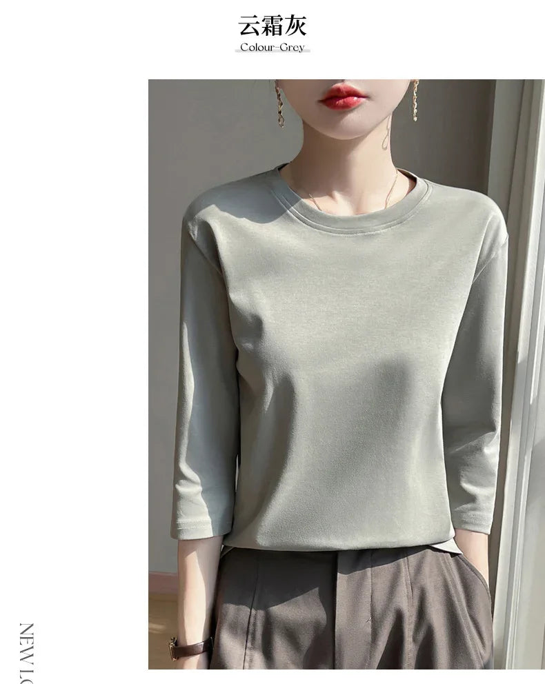 Mercerized Cotton Cropped Sleeve Female Spring And Summer 2023 New Round Neck Loose 100% Cotton Short Sleeve Bottoming T-Shirt