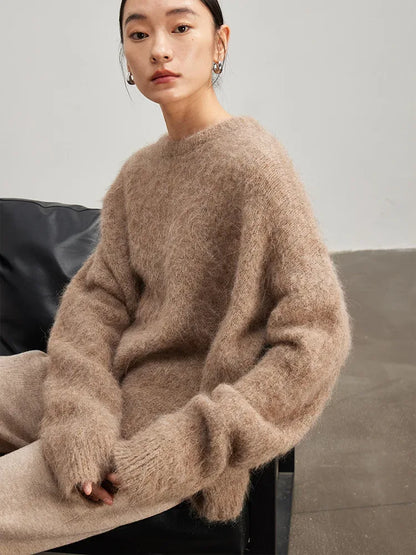 SuyaDream Warm Alpaca Pullovers for Woman, Dropped Sleeved Loose Sweaters, 2025 Fall Winter Top, Camel, Beige