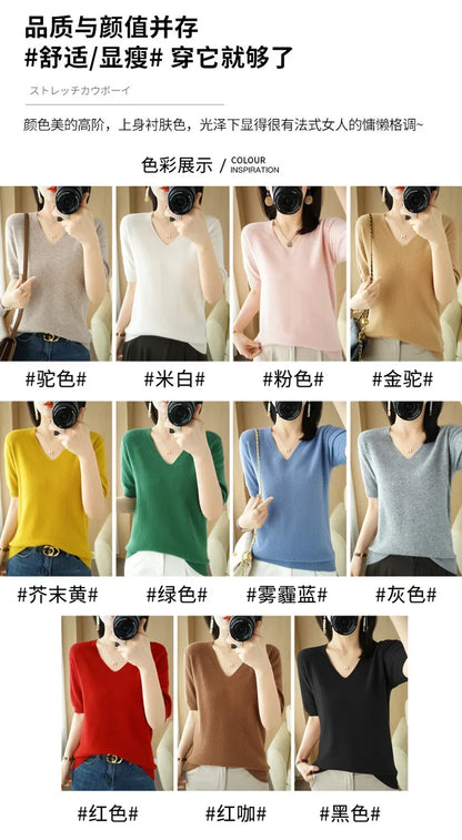 Spring/Summer 2025 Ladies Sweater Pullover Solid Color V-neck Half-sleeved Knitted Cashmere Sweater Thin Casual Top