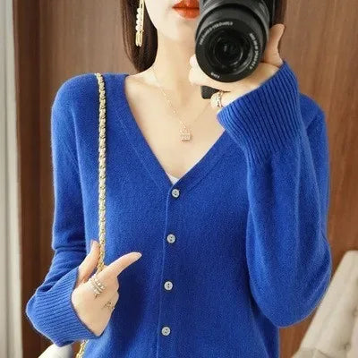 Women Cardigans V-neck Long Sleeve Knitted Outerwear Solid Thin Spring Autumn Sweaters Knitwears Korean Fashion Red Cardigans
