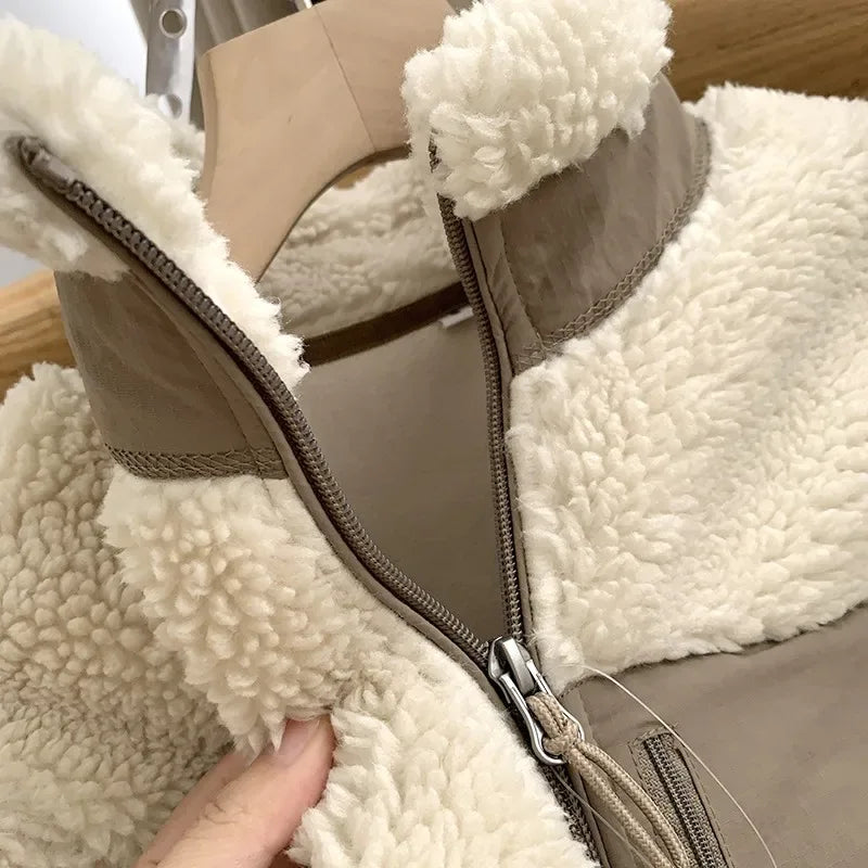 Autumn and Winter Japanese Men's and Women's Fleece Stand Neck Jacket Couple Zipper Loose Warm Lamb Wool Coat Solid Color Jacket