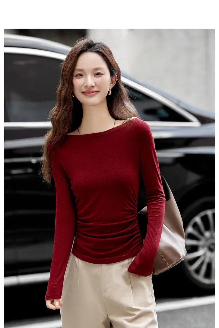 VIMLY Tops Woman 2025 Autumn French Slash Neck Long Sleeve Ladies T-shirts Casual Knitted Slim Fit Strecth Female Tees A3039