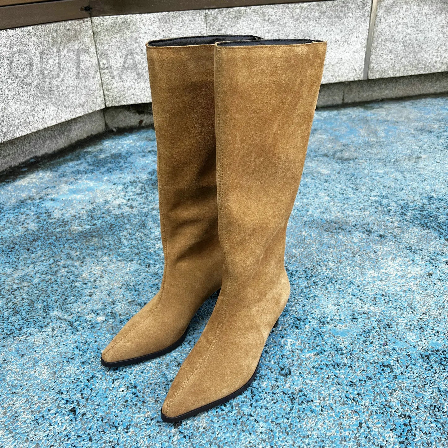 QUTAA Fashion Winter Women Knee High Boots Cow Suede Autumn Shoes Pointed Toe Buckles Chunky High Heels Motorcycle Boots 34-43