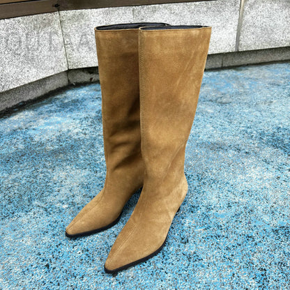 QUTAA Fashion Winter Women Knee High Boots Cow Suede Autumn Shoes Pointed Toe Buckles Chunky High Heels Motorcycle Boots 34-43