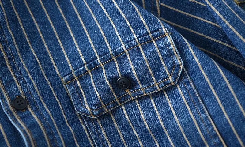 Retro Japanese Sle Men's Denim irt Cotton Long Sve Waed Striped Workwear Loose Fit Outerwear Faion Urban Youth