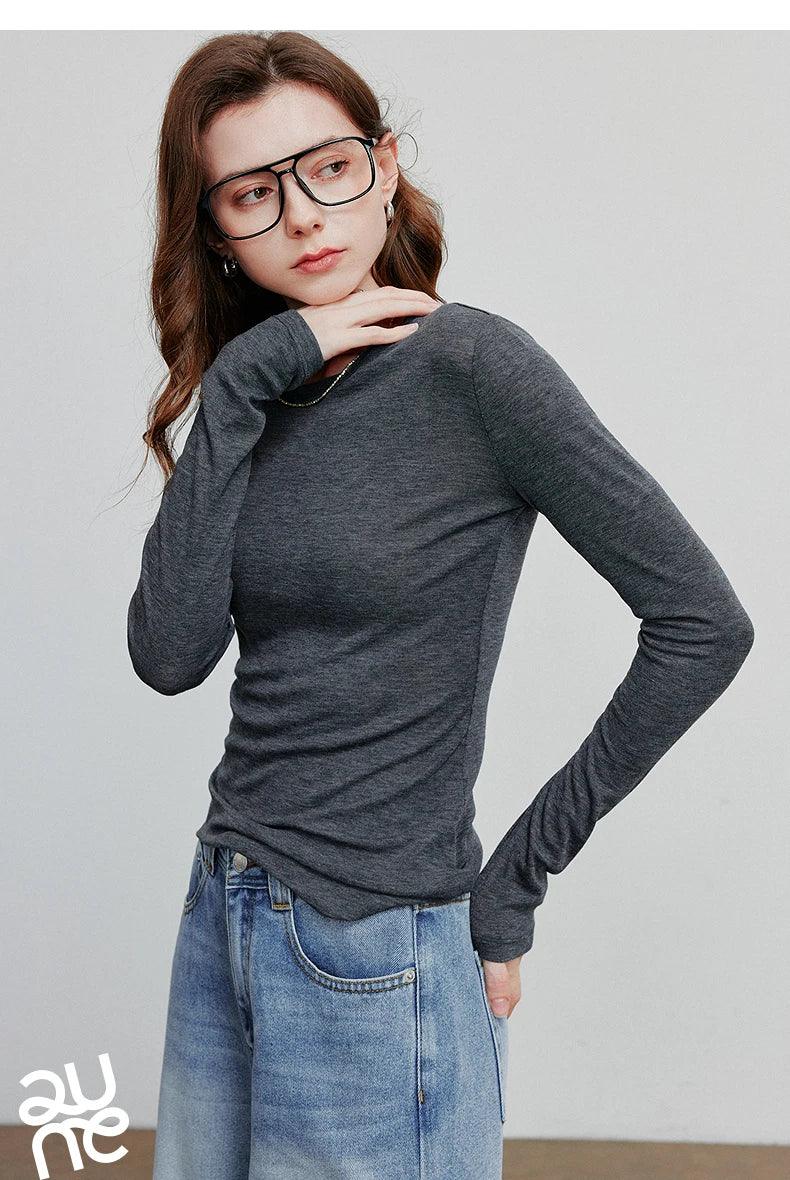 TOYOUTH Women T-shirt  2025 Autumn New Slanted Hem Lyocell Wool Slim Fit Long Sleeve Base Tops