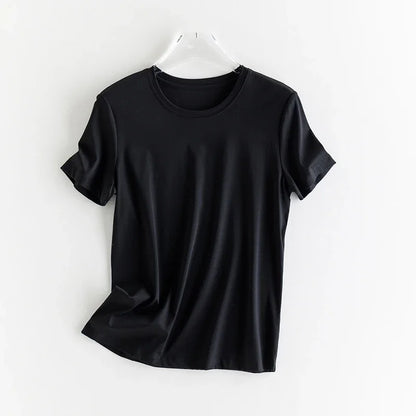 High-end New 10% Silk & Mercerized Cotton Women T-shirt Luxury Tee Short Sleeve Silky Feeling Summer Wear 2025 Tops V / O-neck