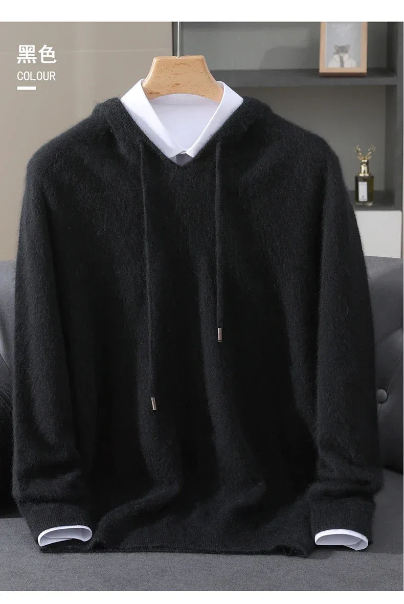 Men's Clothing: 100% Pure Mink Cashmere Knitted Sweater Casual And Loose Large-Sized Hooded Pullover Autumn Winter New Products