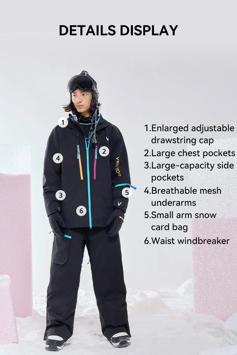 VECTOR Men and Women Cotton Contrast Skiing Top Waterproof and Durable Warm Snowboard Ski Double Board Single Board Outdoors