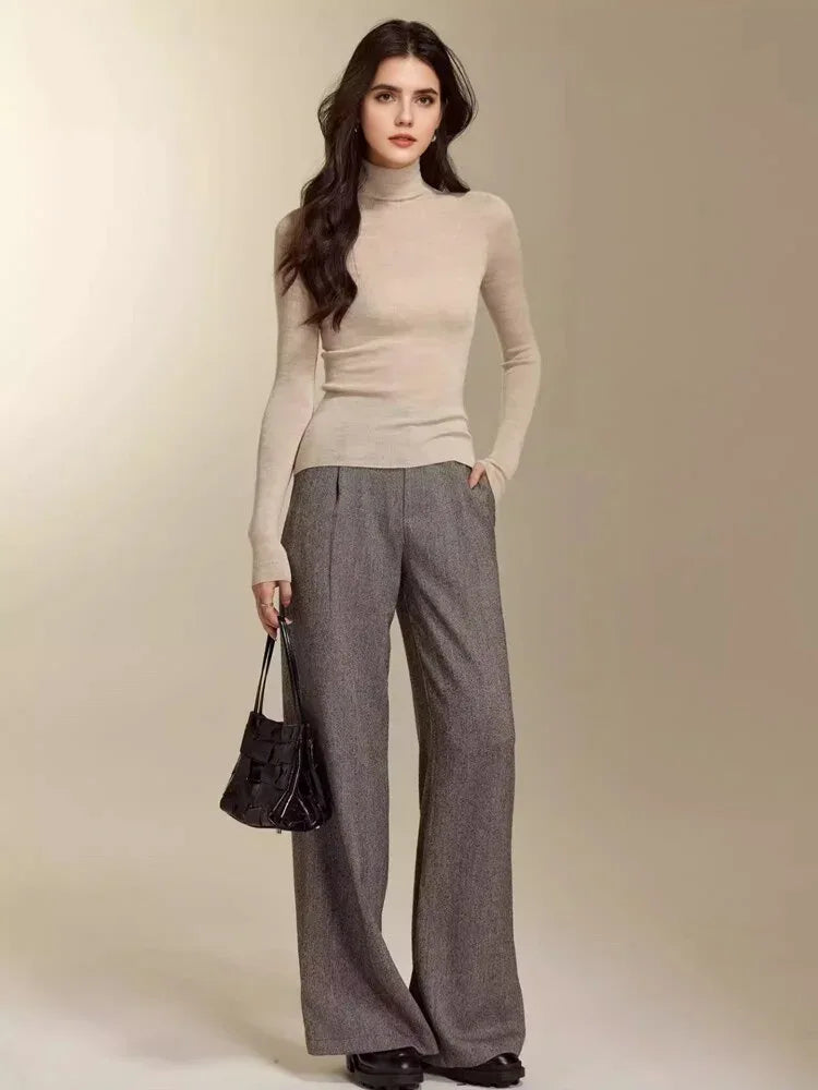 SuyaDream, Women Turtleneck Pullovers, 100%Merino Wool, High Collar, Whole Garment Sweaters, 2025 Fall Winter Slim Warm Top