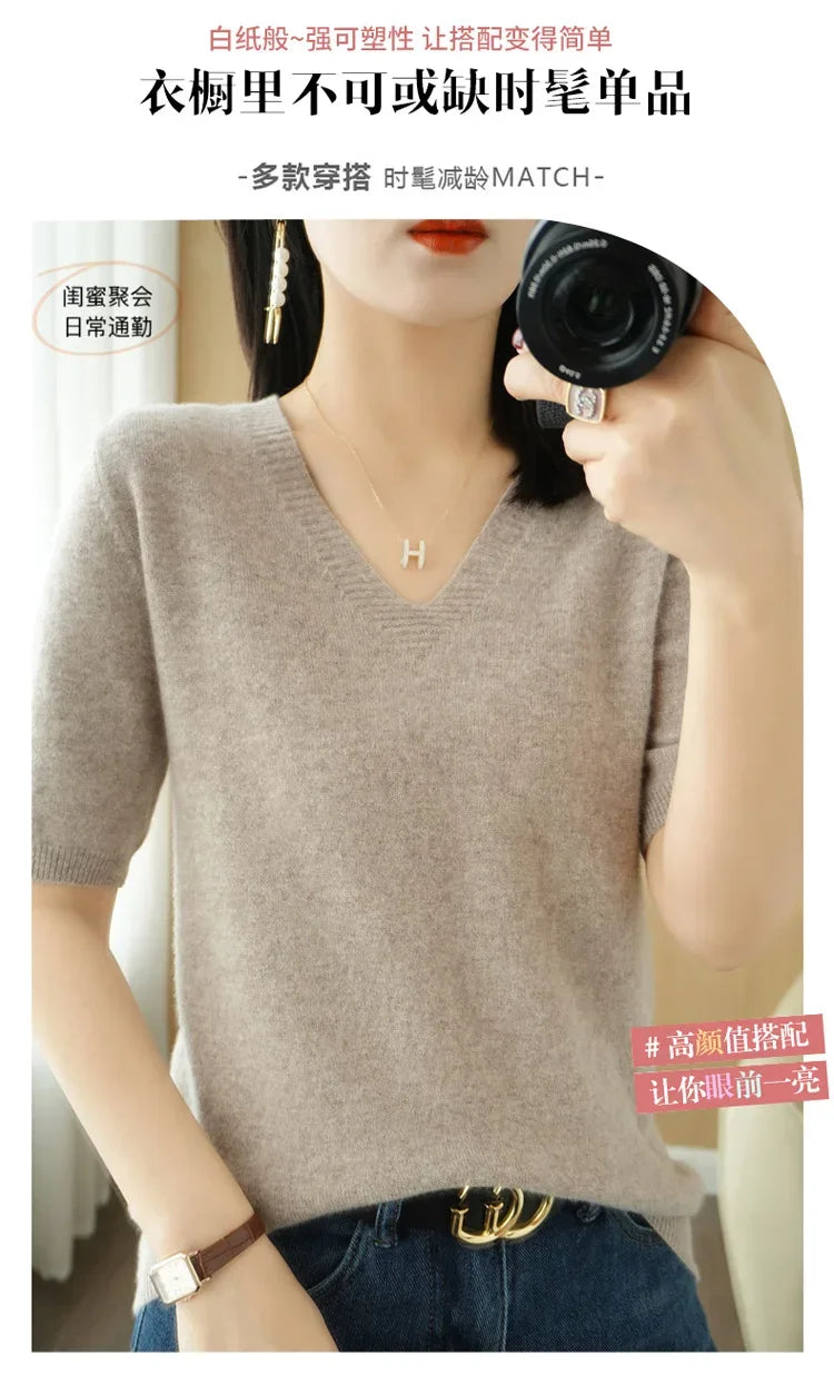 Spring/Summer 2025 Ladies Sweater Pullover Solid Color V-neck Half-sleeved Knitted Cashmere Sweater Thin Casual Top