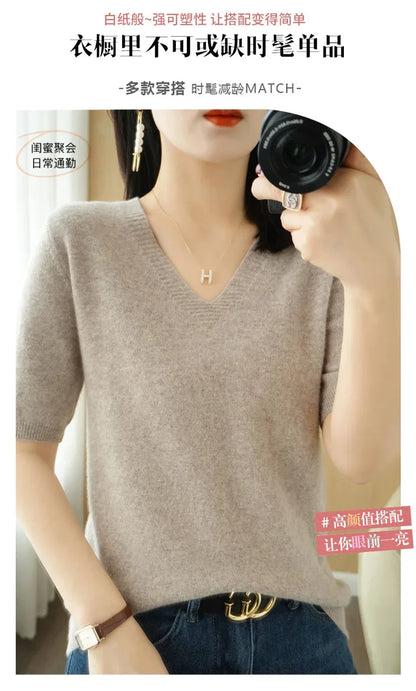Spring/Summer 2025 Ladies Sweater Pullover Solid Color V-neck Half-sleeved Knitted Cashmere Sweater Thin Casual Top
