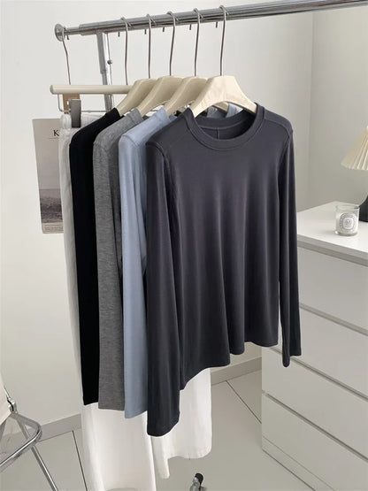Silk Wool Splice Long Sleeve T-shirt Women Spring Summer Thin Soft Waxy Fit Solid Color Backing Top