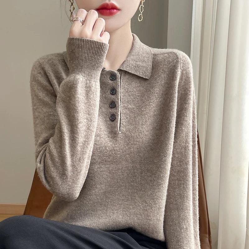 Polo Neck Pullover 100% Merino Wool Women's Solid Color Knit Top Fashion Korean Sweater Autumn and Winter Women's Clothes