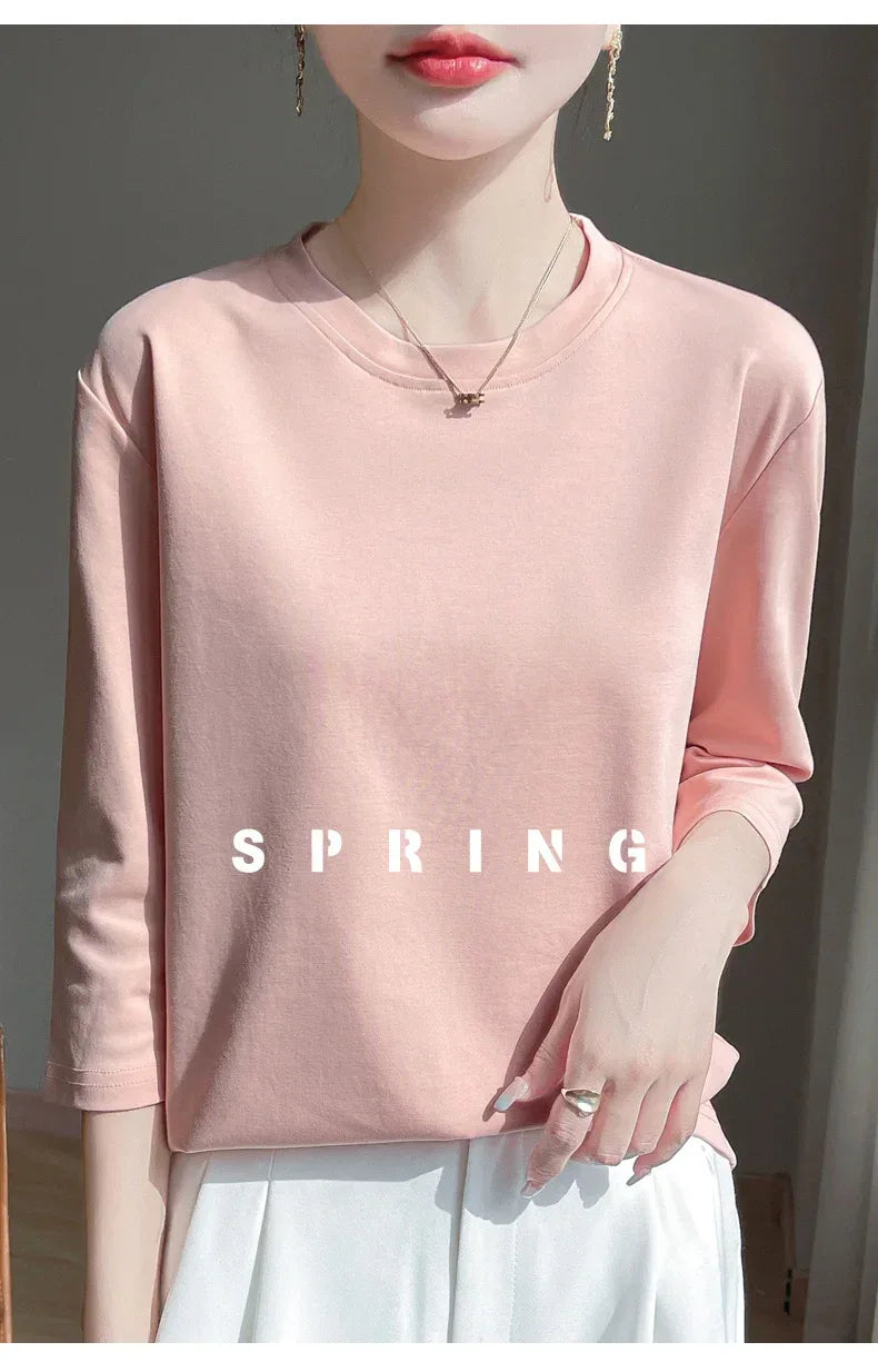 Mercerized Cotton Cropped Sleeve Female Spring And Summer 2023 New Round Neck Loose 100% Cotton Short Sleeve Bottoming T-Shirt