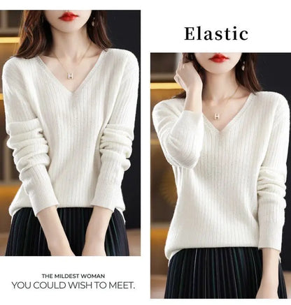 Chic Casual Autumn Winter Basic Sweater Pullovers Women V-neck Solid Knit Loose Pullover Female Long Sleeve Warm Khaki Sweater