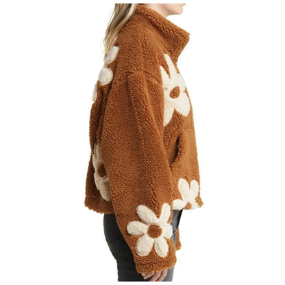 Womens Floral Fleece Jackets Winter Zipper Cropped Coat Casual Long Sleeve Outwear With Pockets Cute Plush Jacket For Women
