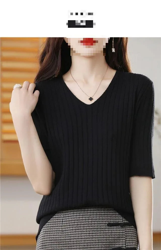 2025 New Spring Summer New Women's V-neck Short-Sleeved Exquisite Cashmere Knitted Sweater Pullover Solid Color