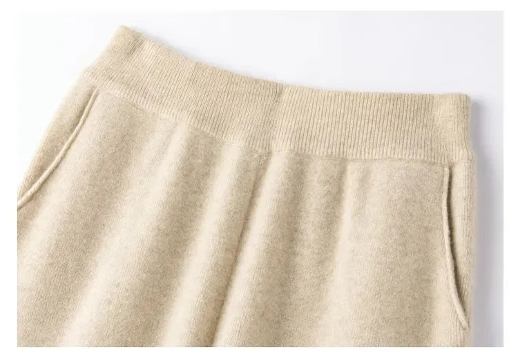 Elegant Pure High Waist Drooping Wide-Leg Pants Women's Outer Wear with Pockets Baggy Straight Trousers Knitted Mop Trousers