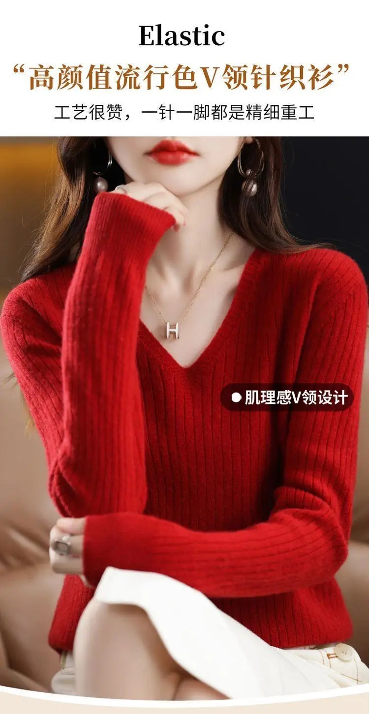 Chic Casual Autumn Winter Basic Sweater Pullovers Women V-neck Solid Knit Loose Pullover Female Long Sleeve Warm Khaki Sweater