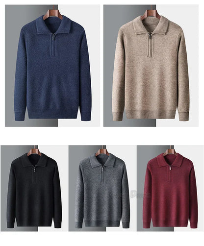 New Men Cashmere Sweater for Warm Comfort Knitted Long Sleeved O-neck Zipper Pullover Alpaca Sweater Male Brand